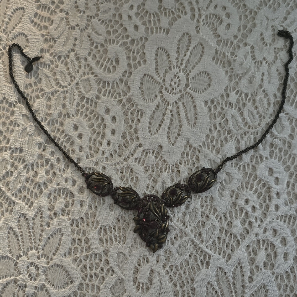 Vintage Black and Gold Intricate Necklace Garnet Ruby Stones